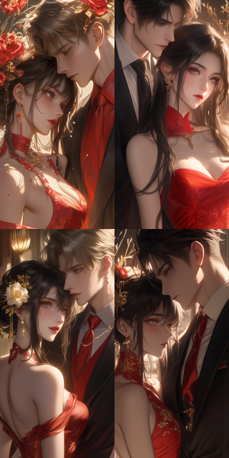 in japanese anime cgi style, draw a half - body couple portrait from a 30 - degree camera rotation perspective. the anime characters are inspired by spy x famil. in the picture, the chinese female in a red dress with delicate makeup and the male with a soft face stand out. with a dominant deep orange color tone, excellent lighting and shadow, and the characters having warm expressions, it is filled with a romantic and fantasy anime atmosphere.