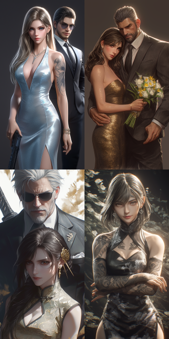 a half - body couple portrait painted in the square enix cinematic art style, with a 30 - degree camera - rotated perspective. the character design is inspired by spy x family, featuring a chinese woman in a long dress and with delicate makeup. the picture has excellent lighting effects and is bathed in soft light. it is highly rendered with unreal engine, with colors faithful to the cinematic style, ultra - high definition, and filled with a romantic and fantasy atmosphere.