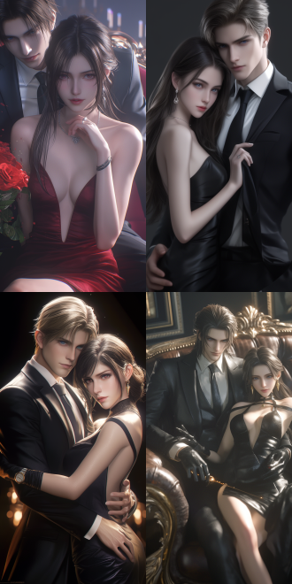 a half - body couple portrait painted in the square enix cinematic art style, with a 30 - degree camera - rotated perspective. the character design is inspired by spy x family, featuring a chinese woman in a long dress and with delicate makeup. the picture has excellent lighting effects and is bathed in soft light. it is highly rendered with unreal engine, with colors faithful to the cinematic style, ultra - high definition, and filled with a romantic and fantasy atmosphere.