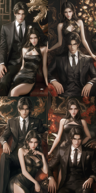 a half - body couple portrait painted in the square enix cinematic art style, with a 30 - degree camera - rotated perspective. the character design is inspired by spy x family, featuring a chinese woman in a long dress and with delicate makeup. the picture has excellent lighting effects and is bathed in soft light. it is highly rendered with unreal engine, with colors faithful to the cinematic style, ultra - high definition, and filled with a romantic and fantasy atmosphere.