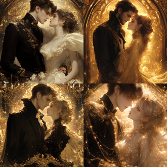 create a half - body couple portrait in the art nouveau style,admin cgi style, shot from a 45 - degree angle above. the man is dressed in luxurious satin clothing with delicate lace collars, and the woman wears a sumptuous long dress and dazzling jewelry with a shy expression. the background is decorated with intricate gold patterns. a strong top light outlines the figures, a side light adds a sense of three - dimensionality, and there is a warm - toned reflection in the shadow areas. the picture is luxurious, solemn and full of drama.