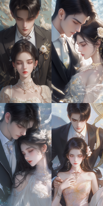 a half - body couple portrait taken from a 45 - degree overhead angle, combining art nouveau and anime cgi styles with a beautiful angelic touch. the man wears a suit with a delicate tie, showing remarkable charisma. the chinese lady is dressed in a gorgeous traditional long dress and wears exquisite classical jewelry, looking shy. the soft light blue background and the combination of strong top light and side light create a dreamy light and shadow effect, making the picture pure and beautiful.