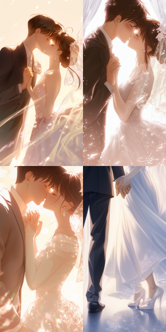 a lower - body portrait of a couple from a 45 - degree camera angle, skillfully integrating the styles of makoto shinkai, art nouveau, and anime cgi. the man is in a suit with a delicate tie, and the woman is wearing a gorgeous traditional long dress and classical jewelry. the two are kissing sweetly, and their hands and fingers are healthy. the soft light blue background and the interwoven top and side lights create a dreamy light and shadow effect. the picture is romantic, pure, and emits a beautiful angelic aura.