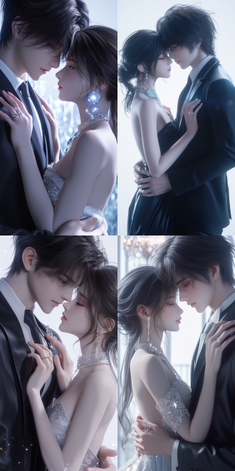 a portrait of a couple from a 45 - degree camera angle, using unreal engine and 3d oc renderer, with ultra - realistic quality and extremely delicate details. anime cgi styles, ((anime)), the man is dressed in a suit with a delicate tie, the woman wears a gorgeous traditional long dress and classical jewelry. they are kissing sweetly, and their hands and fingers are healthy. the soft light blue background, with top and side lights interwoven, creates a dreamy light and shadow effect that is romantic, pure, and emits a beautiful angelic aura.