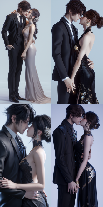 a lower - body portrait of a couple from a 45 - degree camera angle, using unreal engine and 3d oc renderer, with ultra - realistic quality and extremely delicate details. combining art nouveau and anime cgi styles, the man is dressed in a suit with a delicate tie, the woman wears a gorgeous traditional long dress and classical jewelry. they are kissing sweetly, and their hands and fingers are healthy. the soft light blue background, with top and side lights interwoven, creates a dreamy light and shadow effect that is romantic, pure, and emits a beautiful angelic aura.