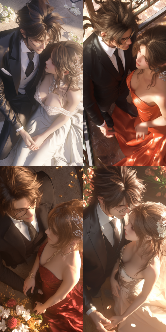 ultra - realistic with extremely delicate details, integrating anime cgi and game cg styles. shot from a 45 - degree angle above, a bespectacled man is dressed in a suit with a delicate tie, and a woman wears a gorgeous traditional long dress. the two are kissing sweetly. by changing the lighting angle, lighting from the front - side to prominently show the happy and intoxicated expressions of the characters. their hands and fingers are healthy. inspired by (is it wrong to try to pick up girls in a dungeon).