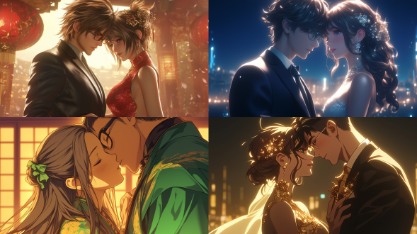 ultra - realistic with extremely delicate details, integrating anime cgi and game cg styles. shot from a 45 - degree , a bespectacled man is dressed in a suit with a delicate tie, and a woman wears a gorgeous traditional long dress. the two are kissing sweetly. by changing the lighting angle, lighting from the front - side to prominently show the happy and intoxicated expressions of the characters. their hands and fingers are healthy. inspired by (is it wrong to try to pick up girls in a dungeon). rich color.