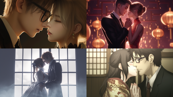 ultra - realistic with extremely delicate details, integrating anime cgi and game cg styles. shot from a 45 - degree , a bespectacled man is dressed in a suit with a delicate tie, and a woman wears a gorgeous traditional long dress. the two are kissing sweetly. by changing the lighting angle, lighting from the front - side to prominently show the happy and intoxicated expressions of the characters. their hands and fingers are healthy. inspired by (is it wrong to try to pick up girls in a dungeon), hestia. rich color