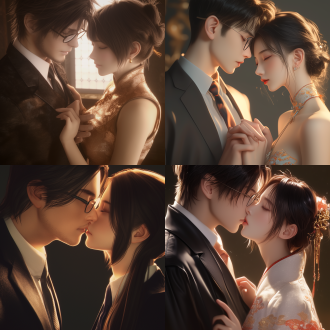ultra - realistic with extremely delicate details, integrating anime cgi and game cg styles. shot from a 45 - degree , a bespectacled man is dressed in a suit with a delicate tie, and a woman wears a gorgeous traditional long dress. the two are kissing sweetly. by changing the lighting angle, lighting from the front - side to prominently show the happy and intoxicated expressions of the characters. their hands and fingers are healthy. inspired by (is it wrong to try to pick up girls in a dungeon), hestia. rich color