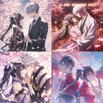 combining anime cgi and game cg styles, youth campus theme. shot at a 45 - degree angle. inspired by bell cranel and hestia in (is it wrong to try to pick up girls in a dungeon), under the cherry tree on campus, a handsome man with gray - white hair gently holds a black - haired double - ponytail woman in a gorgeous traditional long dress. they look at each other affectionately. the woman tilts her head slightly, showing a shy and happy expression. the hands and fingers are healthy. pink flower petals are floating around, rich and romantic in colors.