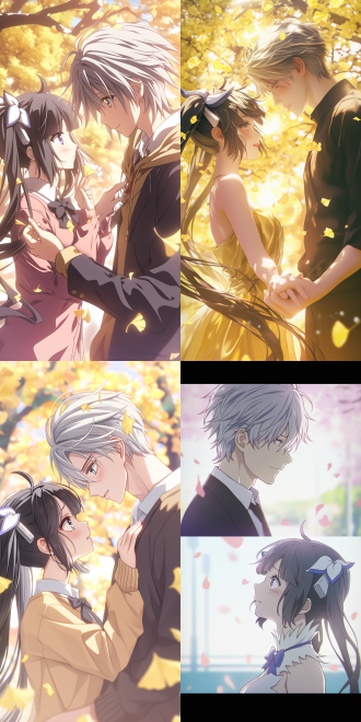 combining anime cgi and game cg styles, high school campus theme. shot at a 45 - degree angle. inspired by bell cranel and hestia in (is it wrong to try to pick up girls in a dungeon). under the ginkgo tree on campus, a handsome man with gray - white hair gently holds a black - haired double - ponytail woman in a gorgeous traditional long dress. they look at each other affectionately. the woman tilts her head slightly, showing a shy and happy expression. the hands and fingers are healthy. pink flower petals are floating around, rich and romantic in colors.