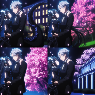 combining anime cgi and game cg styles, campus theme, shot at a 45 - degree angle. inspired by bell cranel and hestia in (is it wrong to try to pick up girls in a dungeon), under the cherry tree on campus, a handsome man with gray - white hair gently holds a black - haired double - ponytail woman in a gorgeous traditional long dress. they look at each other affectionately. the woman tilts her head slightly, showing a shy and happy expression. the hands and fingers are healthy. pink flower petals are floating around, rich and romantic in colors.