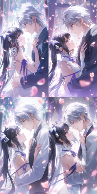 ultra - realistic quality and extremely delicate details, anime cgi style. high school campus theme. shot at a 45 - degree angle.a handsome man with gray - white hair gently holds a black - haired double - ponytail woman in a gorgeous traditional long dress. they look at each other affectionately. the woman tilts her head slightly, showing a shy and happy expression. the hands and fingers are healthy. inspired by bell cranel and hestia in (is it wrong to try to pick up girls in a dungeon). pink flower petals are floating around, rich and romantic in colors.