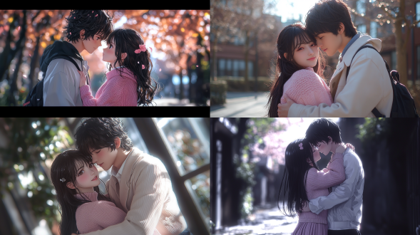 realistic with extremely delicate details, anime cgi style. high school campus theme. shot at a 45 - degree angle.based on bell cranel and hestia from (is it wrong to try to pick up girls in a dungeon), bell wearing a white casual coat and black school pants, holds hestia tightly in his arms. hestia, in a pink knitted sweater and a pleated skirt, tilts her head up to kiss bell. the picture is filled with a sweet atmosphere, rich colors.