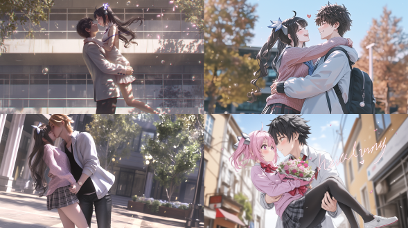 realistic anime cgi style. high school campus theme. shot at a 45 - degree angle.based on bell cranel and hestia from (is it wrong to try to pick up girls in a dungeon), bell wearing a white casual coat and black school pants, holds hestia tightly in his arms. hestia, in a pink knitted sweater and a pleated skirt, tilts her head up to kiss bell. the picture is filled with a sweet atmosphere, rich colors.