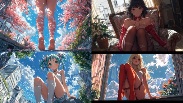 a picture shot from a low - angle (looking - up), the styles of tsuaii and soft anime illustration, mobile game art, official illustration. exquisite stockings. the picture is aesthetic,