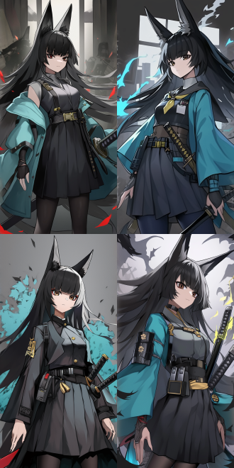 a picture shot from a low - angle (looking - up) and the camera is rotated 30 degrees to take the shot. the styles of tsuaii and official illustration, the styles of the artgerm. the character is seemiya masa in zenless zone zero, has extremely delicate makeup and stands grateful. 黑色公主发型. 长长的狐耳. 武士刀. exquisite stockings. hand and finger health. the overall picture is exquisitely beautiful.