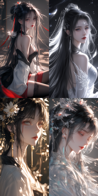 a picture in the style of tang dynasty anime cg, shot with the camera rotated 30 degrees, integrating the styles of wlop, loish, and clamp and influenced by okada beisanjin. the main character has delicate makeup, wears exquisite stockings, under the bright white light, it shows the charm of the tang dynasty and unique painting charm, with the picture being delicate and full of texture.