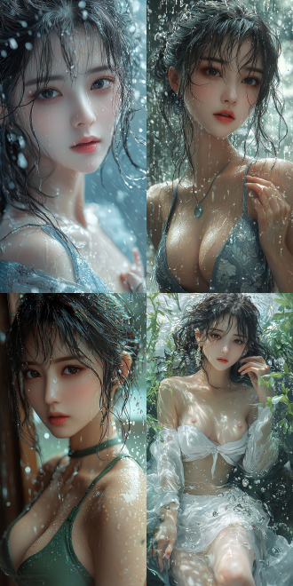 a picture presented in the style of (is it wrong to try to pick up girls in a dungeon?). wuxia cgi style, chest two dot, obviously, a beautiful oriental woman, long leg, ((healthy and perfect fingers)). inspired by fenghua zhong. curly and short top hair. water droplets, winding down her face and skin, excellent physical effects and abundant details.,