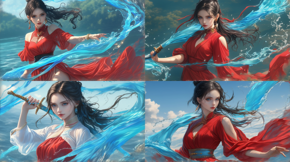 a picture presented in the style of (is it wrong to try to pick up girls in a dungeon?). wuxia style, sword, chest two dot, obviously, a beautiful oriental woman, long leg, ((healthy and perfect fingers)). inspired by fenghua zhong. curly and short top hair. water droplets, winding down her face and skin, excellent physical effects and abundant details.,