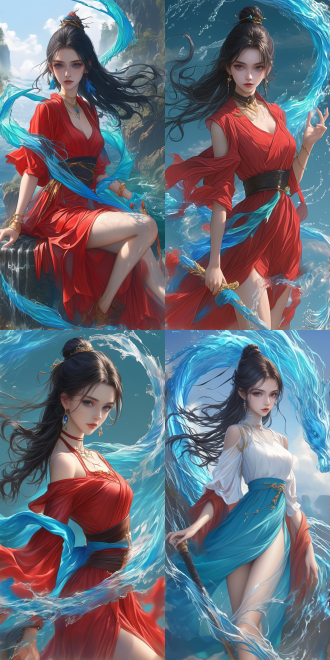 a picture presented in the style of (is it wrong to try to pick up girls in a dungeon?). wuxia style, sword, chest two dot, obviously, a beautiful oriental woman, long leg, ((healthy and perfect fingers)). inspired by fenghua zhong. curly and short top hair. water droplets, winding down her face and skin, excellent physical effects and abundant details.,