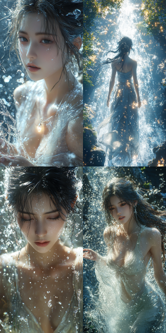 an angled-medium shot perspective, unreal engine 5. chest two dot, obviously, lu xueqi, by square enix cinematic art, her figure twists gracefully and her head is slightly raised, one hand slightly raises, with a radiant glow all around. the waterfall splashes with water vapor filling the air. trending on cgisociety. (((ethereal anime))).