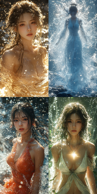 from an angled medium shot perspective, unreal engine 5. chest two dot, obviously, lu xueqi, by square enix cinematic art, 原神. her figure twists gracefully and her head is slightly raised, one hand slightly raises, with a radiant glow all around. the waterfall splashes with water vapor filling the air. trending on cgisociety. (((ethereal chinese anime))).