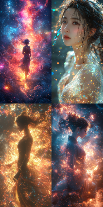 from an angled medium shot perspective, unreal engine 5. chest two dot, obviously, 嫦娥, by square enix cinematic art, 原神. her figure twists gracefully and her head is slightly raised, one hand slightly raises, with a radiant glow all around. a gorgeous nebula with intertwined colorful lightsr. trending on cgisociety. (((ethereal chinese anime))).