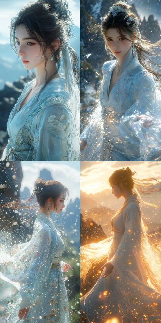 from an angled-bird view shot perspective, by square enix cinematic cg art, unreal engine 5. chest two dot, obviously, her figure twists gracefully and her head is slightly raised, one hand slightly raised, with a radiant glow all around. a light blue robe with embroidered cloud patterns flutters. mountains. trending on cgsociety, ((ethereal chinese anime)). excellent physical effects.,