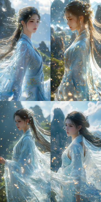 from an angled-bird view shot perspective, by square enix cinematic cg art, unreal engine 5. chest two dot, obviously, her figure twists gracefully and her head is slightly raised, one hand slightly raised, with a radiant glow all around. a light blue robe with embroidered cloud patterns flutters. mountains. trending on cgsociety, ((ethereal chinese anime)). excellent physical effects.,
