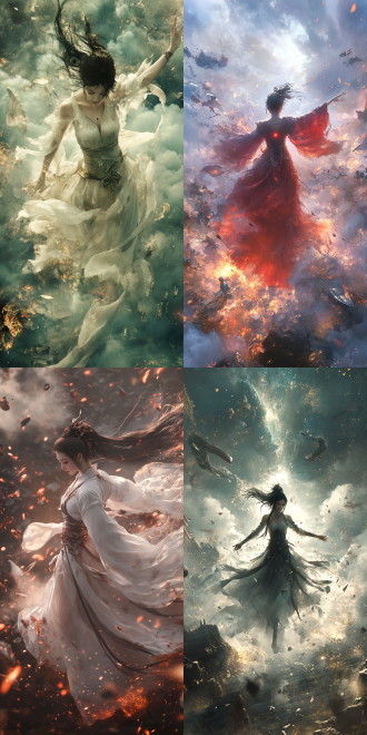 shot from a high-angle bevel perspective, (ethereal chinese xianxia anime), in square enix cg style, by lu xueqi , chest two dots, obviously, graceful figure and is gently raising her arms slowly. 周围战火硝烟，衣服破损.