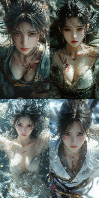 shot from a high-angle bevel perspective, (ethereal chinese xianxia anime), in square enix cg style, by lu xueqi , chest two dots, obviously, graceful figure and is gently raising her arms slowly. she is amidst a battlefield. her clothes are torn and tattered, and she is covered in scars.