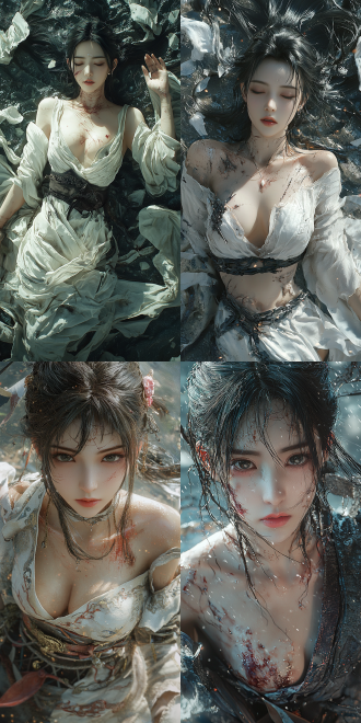 shot from a high-angle bevel perspective, (ethereal chinese xianxia anime), in square enix cg style, by lu xueqi , chest two dots, obviously, graceful figure and is gently raising her arms slowly. she is amidst a battlefield. her clothes are torn and tattered, and she is covered in scars.
