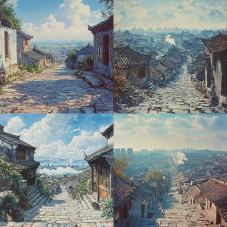 in a medium-shot, show the cityscape of china in 1960. the stone-paved paths wind through, with buildings featuring the characteristics of that era on both sides. under the blue sky, white clouds are floating, and cooking smoke is curling up in the city, filled with a strong flavor of life. using perspective composition, it presents an ink-wash painting style with elegant ink color and delicate brushstrokes, showing the quiet and simple atmosphere of the old days..