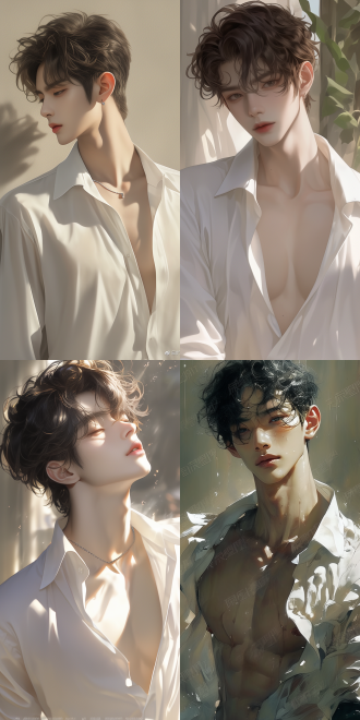 the theme is a portrait of a kpop idol. the main body in the picture is a handsome young man with dark short curly hair. he is wearing a fine white shirt that perfectly shows his figure. his face is as delicate as dilraba dilmurat's, with an anime visual sense.