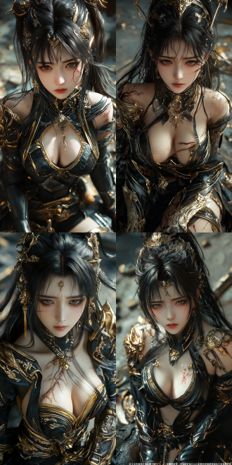 shot from a high angle bevel perspective. ethereal chinese anime, unreal engine 5, xianxia style, by huang rong , her kneeling and head raised with crying, with a graceful figure. she has two protuberances on her chest and high with one hand, with broken sword, wearing light magnificent and torn black and gold ancient costumes, covered in scars. the background is an ancient battlefield with broken walls.