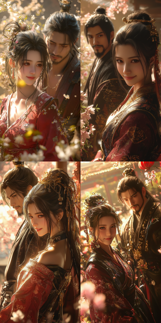 the picture is in the tang dynasty style, ((ethereal chinese anime)), square enix cg style. shot from a low-angle perspective. in the scene, ada wong is smiling softly with her head down, arms folded; behind her stands a remarkably handsome and elegant - looking man, also dressed in magnificent clothes with his robes fluttering. the two are in an elegantly decorated courtyard filled with blooming flowers and in close contact. backlighting, warm colors cover the whole scene.