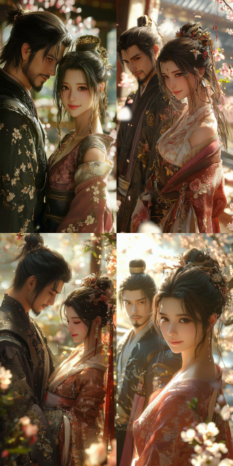 the picture is in the tang dynasty style, ((ethereal chinese anime)), square enix cg style. shot from a low-angle perspective. in the scene, ada wong is smiling softly with her head down, arms folded; behind her stands a remarkably handsome and elegant - looking man, also dressed in magnificent clothes with his robes fluttering. the two are in an elegantly decorated courtyard filled with blooming flowers and in close contact. backlighting, warm colors cover the whole scene.