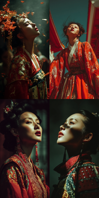 a beautiful woman, shot from a low-angle upward, in tang dynasty style