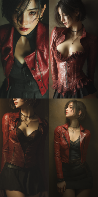 美丽女子如生化危机4重置版的艾达王，红皮夹克黑套裙，皮肤光滑无瑕，游戏cg风，虚幻5渲染，特写，暖光，优雅。