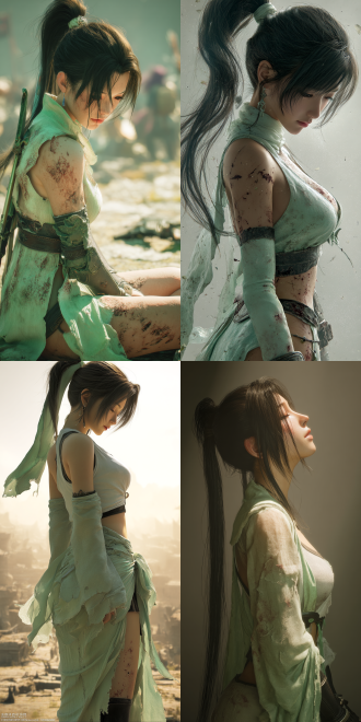 china anime and xianxia style, in square enix cg style, 像蒂法, 马尾，has a face full of despair, graceful figure. wearing a light and thin light green robe, her clothes are torn and tattered, and she is covered in scars. a war-torn plain, 光影对比强烈.