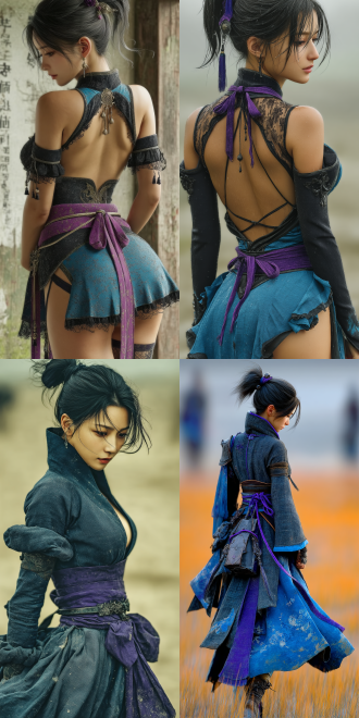 china anime cgi and xianxia style, unreal engine 5, like lu xueqi in zhu xian, with a black ponytail, her face is sad look and she has a attractive figure. thighs!!!!! gorgeous, she is wearing a lthin light gorgeous black robe, a purple belt, a blue long dress, and turning around gracefully. the scene is a war-torn plain with a strong contrast between light and shadow.