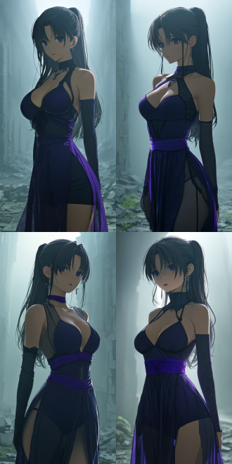 the main subject is a woman with a long black ponytail, a sad face and an attractive figure, similar to artoria pendragon in fate/stay night. she wears a purple belt, a blue long dress inside and a thin, gorgeous black robe outside. her body is emitting a soft white light, against the background of a war-torn plain, there is a strong contrast of light and shadow. made in chinese anime cgi xianxia style, unreal engine 5, highlighting the details of the thighs, the picture is full of luxury and dynamics.