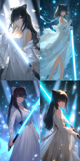 cg original illustration, the woman, from honkai: star rail, the main subject is a cold girl with black bangs, charming phoenix eyes and cat ears. she is wearing a soft and flowing ancient-style long dress and holding a glowing lightsaber. mobile game.