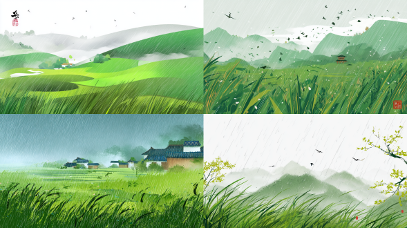 spring season，a serene countryside during early spring, vivid green grass swaying under gentle raindrops, warm mist rising from the earth, traditional chinese painting style, delicate and evocative,flat design,  bright colors, simple lines, high resolution, rich details. no background. a vibrant and lively atmosphere, symbolizing growth, harmony between nature and culture