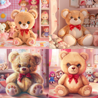 create a picture themed on designing plush toys. the main body is a cute teddy bear plush toy with soft and fluffy brown fur, round and lively eyes, and a red bow on its body. the background is a corner of a warm pink room filled with various dolls. the picture style is fresh and sweet, with soft colors, full of childlike fun.