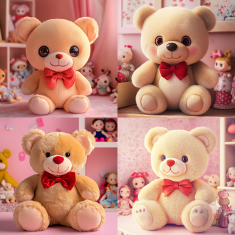create a picture themed on designing plush toys. the main body is a cute teddy bear plush toy with soft and fluffy brown fur, round and lively eyes, and a red bow on its body. the background is a corner of a warm pink room filled with various dolls. the picture style is fresh and sweet, with soft colors, full of childlike fun.