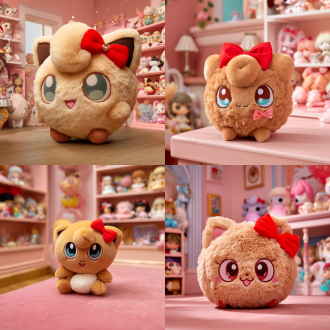 create a picture themed on designing plush toys. the main body is a cute 妙蛙种子 plush toy with soft and fluffy brown fur, round and lively eyes, and a red bow on its body. the background is a corner of a warm pink room filled with various dolls. the picture style is fresh and sweet, with soft colors, full of childlike fun.