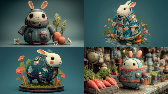 a chubby rabbit wearing cyberpunk-steampunk style clothes. it has big cute eyes, and there are flowers and carrots beside it. rendered with c4d and octane, presented in an isometric view. the picture has gorgeous colors, combining steampunk elements with a cute style, full of a fantasy and technological atmosphere.