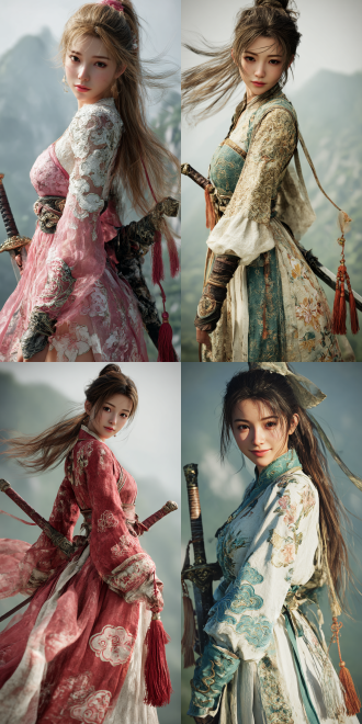 a beautiful woman from (dead or alive 6), with long flowing hair and a gentle smile on her face, wearing a traditional xianxia - style dress embroidered with cloud and flower patterns, her right hand holding a sword with a tassel fluttering in the wind, rendered with high - quality realistic style using c4d and unreal engine 5, xianxia style, with a misty and dreamy mountain background, soft lighting highlighting her features,